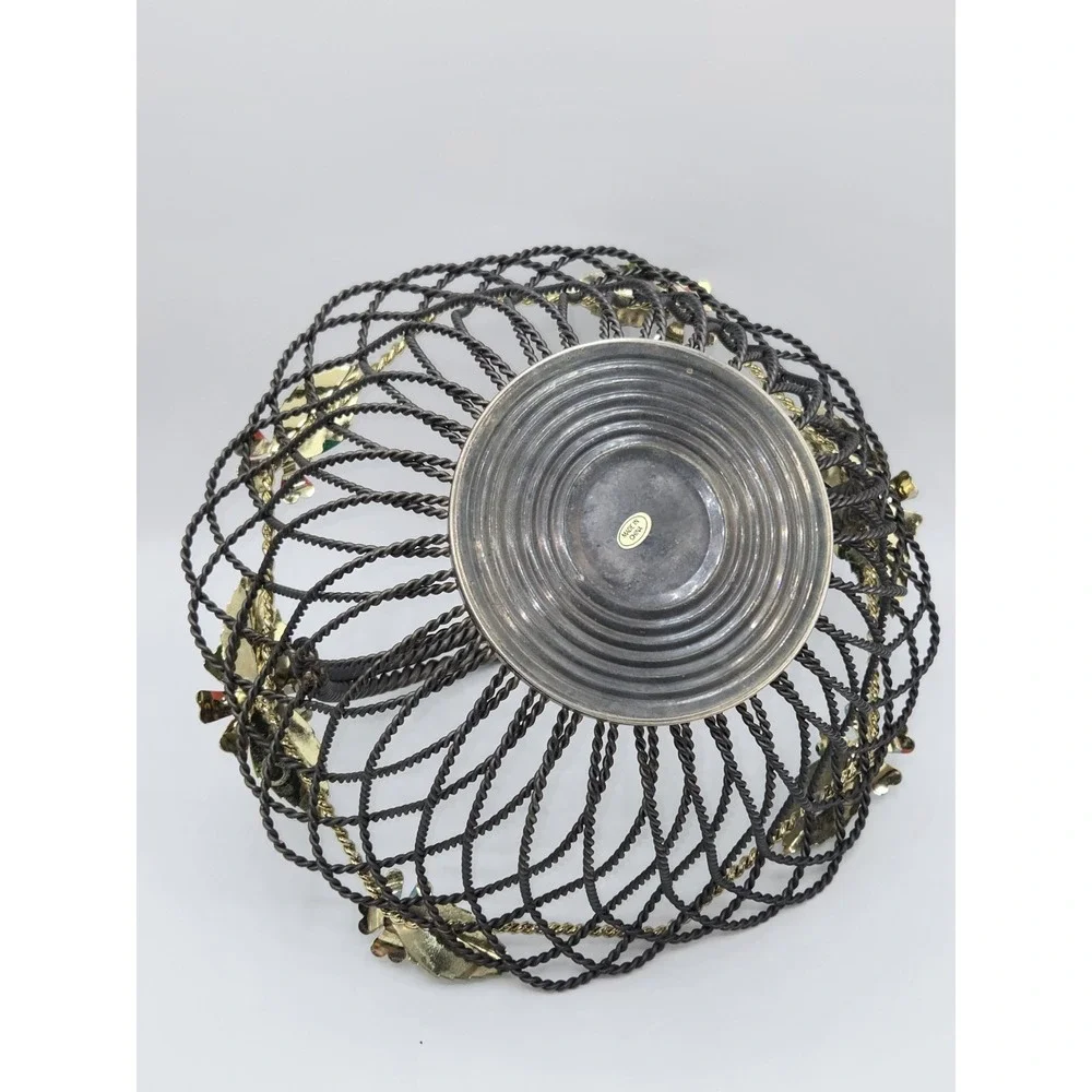 Vintage Silver Plate Wirework Basket Floral Painted Flowers Twisted Handle Japan